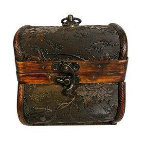 Brown Small  Wood Treasure Chest With Metal Latch And Hinges. Floral pattern